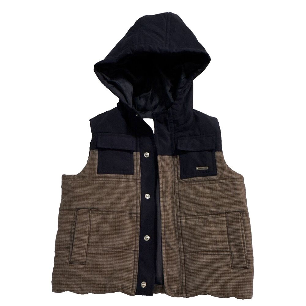 Janie and Jack Boys Hooded Puffer Vest Houndstooth Navy/Brown Snap Pockets 2T-3